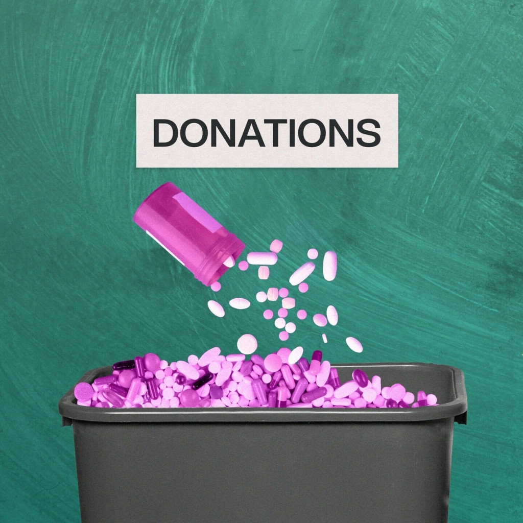 illustration of a pink pill bottle tipped down towards a gray wastebasket. There is a stream of pills of various shapes and shades of pink falling into the wastebasket, which is already full to the brim with similar pills. Above the pill bottle is a sign with the word "DONATIONS" on a background with green paint brushstrokes.