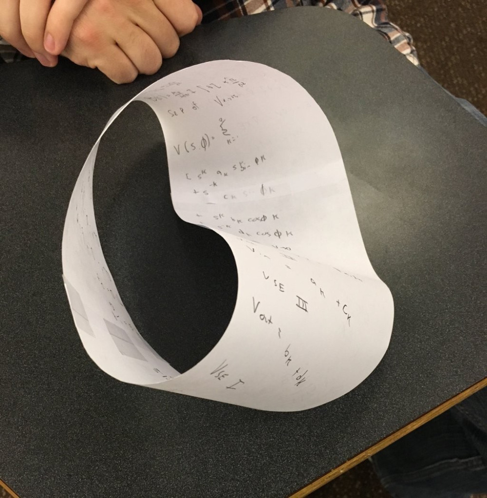 A student has cut a piece of paper in half then taped the ends together with a twist, forming a Mobius band that has only one side but as much area as both sides of a piece of paper. There are various Electrodynamics formulas and results written all over the sheet.