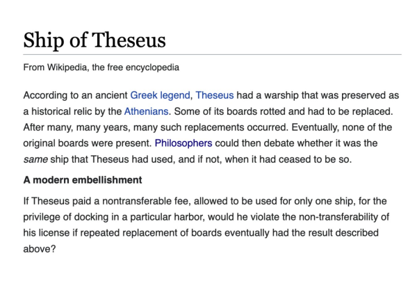 A Wikipedia page for Ship of Theseus is shown. The article reads "According to an ancient Greek legend, Theseus had a warship that was preserved as a historical relic by the Athenians. Some of its boards rotted and had to be replaced. After many, many years, many such replacements occurred. Eventually, none of the original boards were present. Philosophers could then debate whether it was the same ship that Theseus had used, and if not, when it had ceased to be so.
A modern embellishment
If Theseus paid a nontransferable fee, allowed to be used for only one ship, for the privilege of docking in a particular harbor, would he violate the non-transferability of his license if repeated replacement of boards eventually had the result described above?"