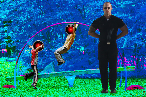 Children playing on a climber. The colors of the climber and the foliage behind them has been oversaturated and shifted, making it surreal. The kids' heads have been replaced with the red eye of HAL 9000 from Kubrick's '2001: A Space Odyssey.' Standing in the foreground at rigid attention is a man in short-sleeved military garb, wearing aviator shades.



Image:
Cryteria (modified)
https://commons.wikimedia.org/wiki/File:HAL9000.svg

CC BY 3.0
https://creativecommons.org/licenses/by/3.0/deed.en

--

Jorge Royan (modified)
https://commons.wikimedia.org/wiki/File:Munich_-_Two_boys_playing_in_a_park_-_7328.jpg

CC BY-SA 3.0
https://creativecommons.org/licenses/by-sa/3.0/deed.en

--

Noah Wulf (modified)
https://commons.m.wikimedia.org/wiki/File:Thunderbirds_at_Attention_Next_to_Thunderbird_1_-_Aviation_Nation_2019.jpg

CC BY-SA 4.0
https://creativecommons.org/licenses/by-sa/4.0/deed.en

